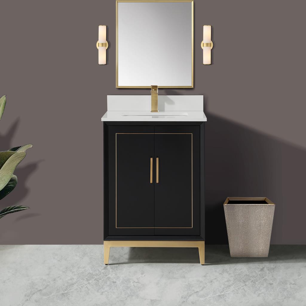 Bemma, Gracie 24" Single Vanity, Midnight Black/Satin Brass, White Quartz Top#top-options_white-quartz-top