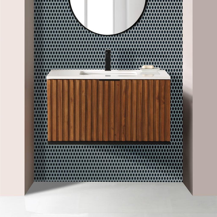 Bemma, Terra 36" Single Floating Vanity, Walnut/Matte Black, White Quartz Top#top-options_white-quartz-top