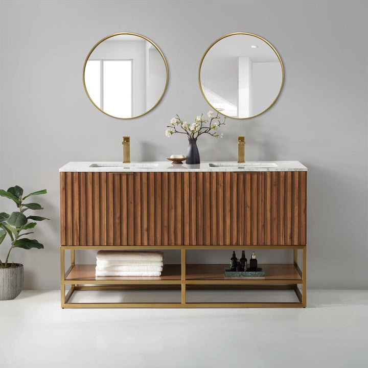 Bemma, Terra 60" Double Vanity, Walnut/Satin Brass, Carrara Marble Top#top-options_carrara-marble-top