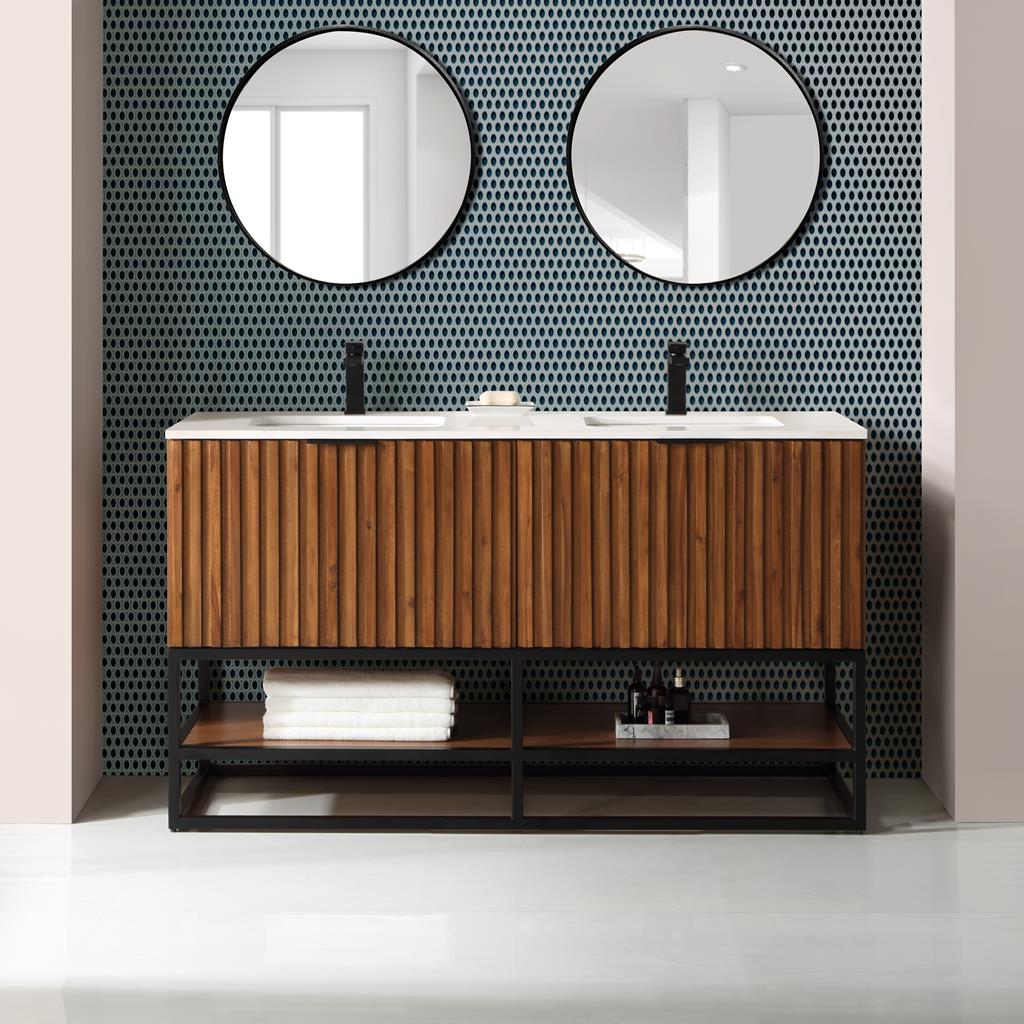 Bemma, Terra 60" Double Vanity, Walnut/Matte Black, White Quartz Top#top-options_white-quartz-top