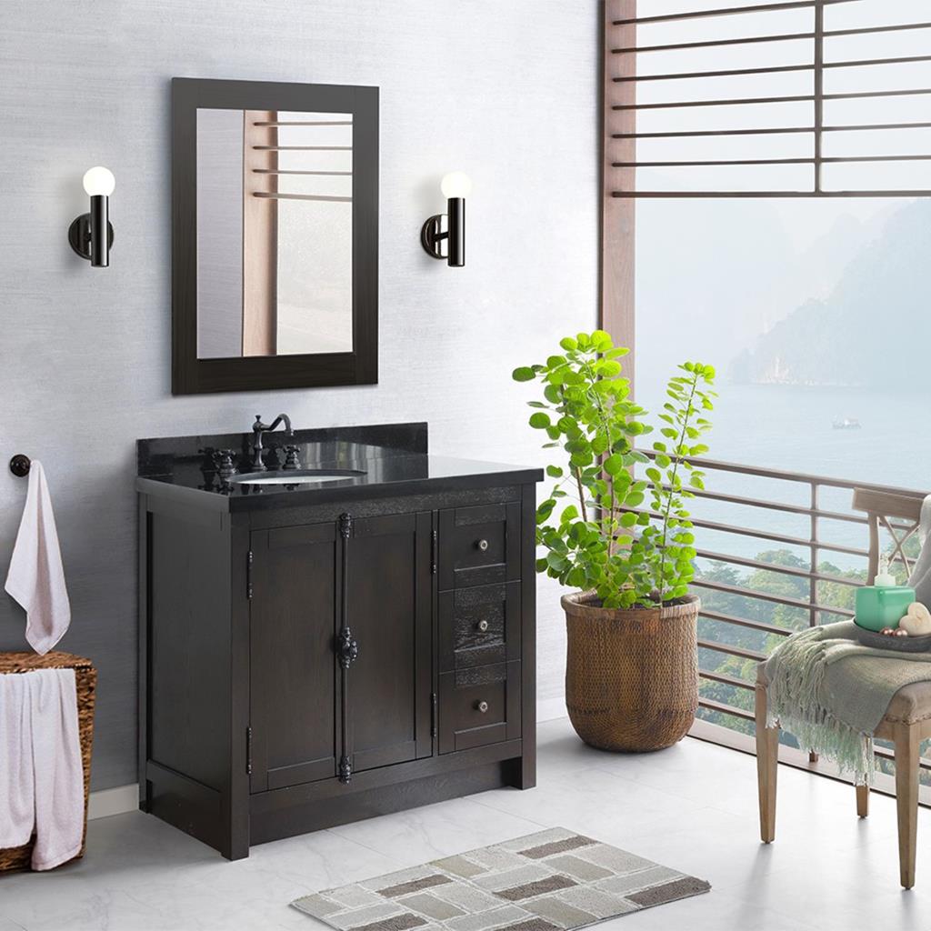 Bellaterra Plantation 37" Single Vanity, Brown Ash, Black Galaxy Granite Top/Oval Sink, Left Doors/Left Sink