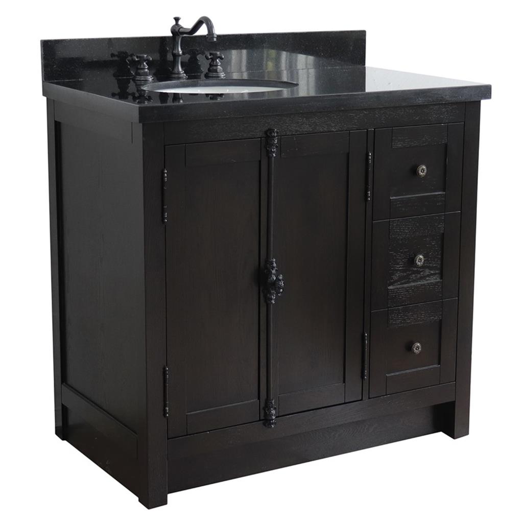 Bellaterra Plantation 37" Single Vanity, Brown Ash, Black Galaxy Granite Top/Oval Sink, Left Doors/Left Sink