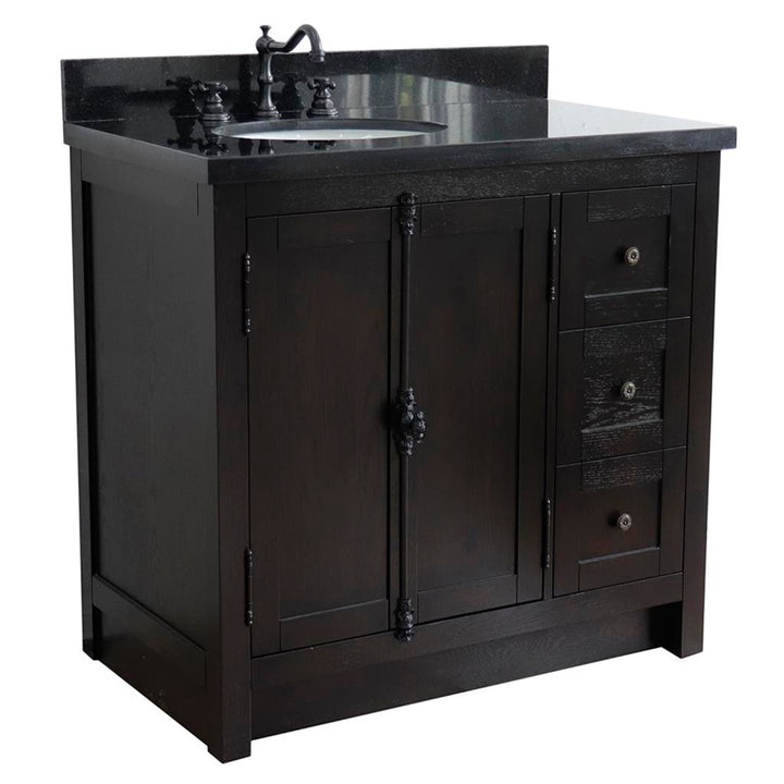 Bellaterra Plantation 37" Single Vanity, Brown Ash, Black Galaxy Granite Top/Oval Sink, Left Doors/Left Sink