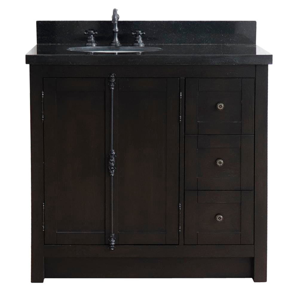 Bellaterra Plantation 37" Single Vanity, Brown Ash, Black Galaxy Granite Top/Oval Sink, Left Doors/Left Sink