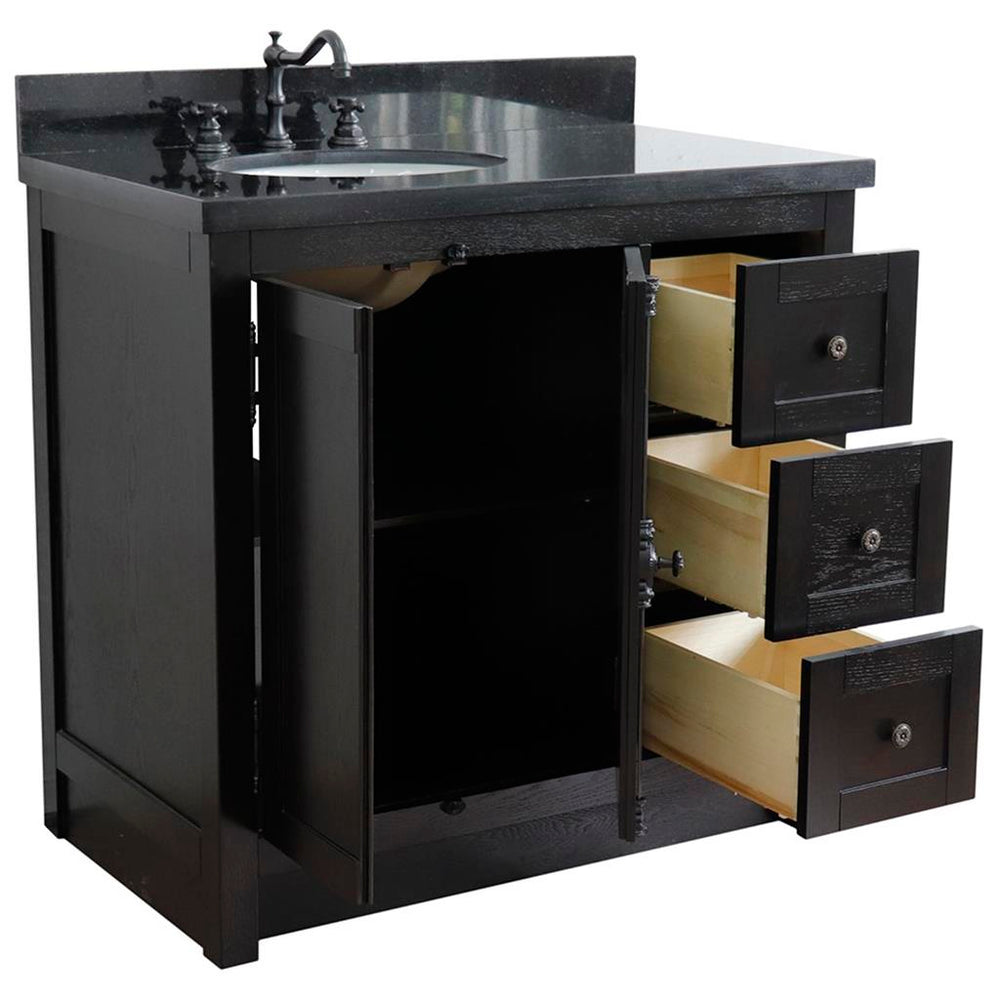 Bellaterra Plantation 37" Single Vanity, Brown Ash, Black Galaxy Granite Top/Oval Sink, Left Doors/Left Sink