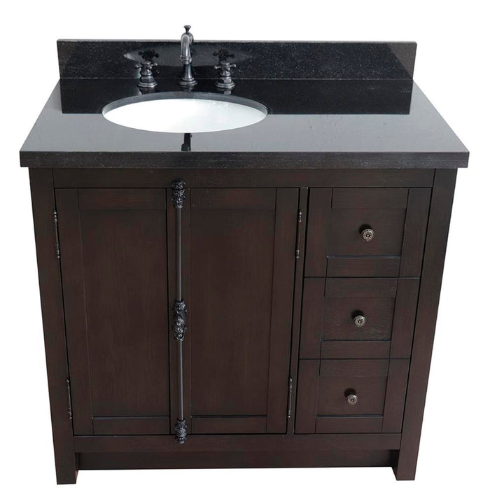 Bellaterra Plantation 37" Single Vanity, Brown Ash, Black Galaxy Granite Top/Oval Sink, Left Doors/Left Sink