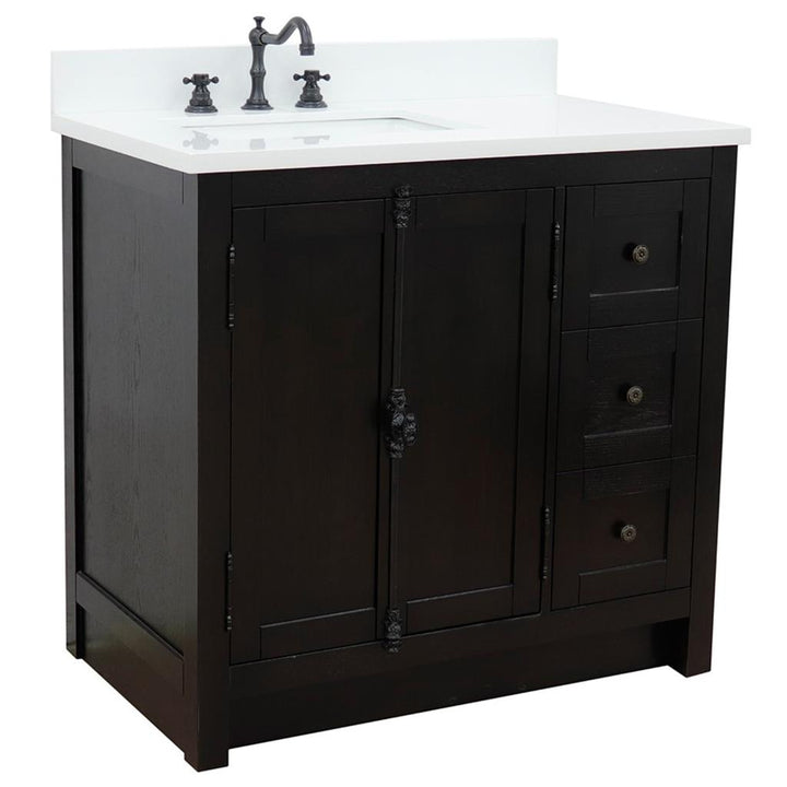 Bellaterra Plantation 37" Single Vanity, Brown Ash, White Quartz Top/Rectangle Sink, Left Doors/Left Sink