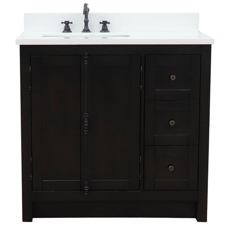 Bellaterra Plantation 37" Single Vanity, Brown Ash, White Quartz Top/Rectangle Sink, Left Doors/Left Sink