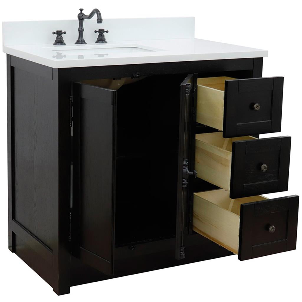 Bellaterra Plantation 37" Single Vanity, Brown Ash, White Quartz Top/Rectangle Sink, Left Doors/Left Sink