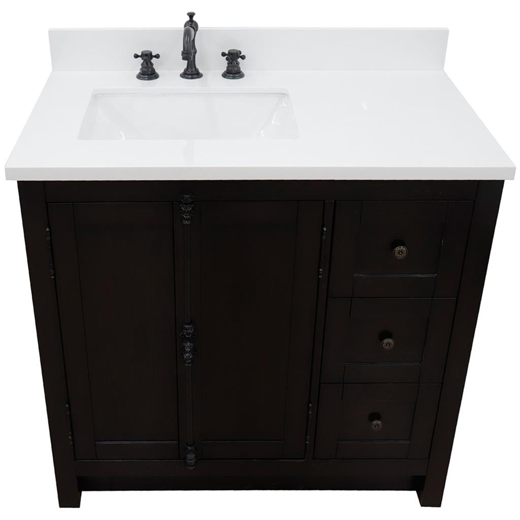 Bellaterra Plantation 37" Single Vanity, Brown Ash, White Quartz Top/Rectangle Sink, Left Doors/Left Sink