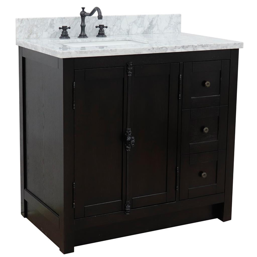 Bellaterra Plantation 37" Single Vanity, Brown Ash, White Carrara Top/Rectangle Sink, Left Doors/Left Sink