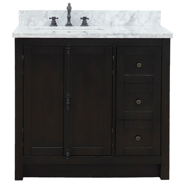 Bellaterra Plantation 37" Single Vanity, Brown Ash, White Carrara Top/Rectangle Sink, Left Doors/Left Sink