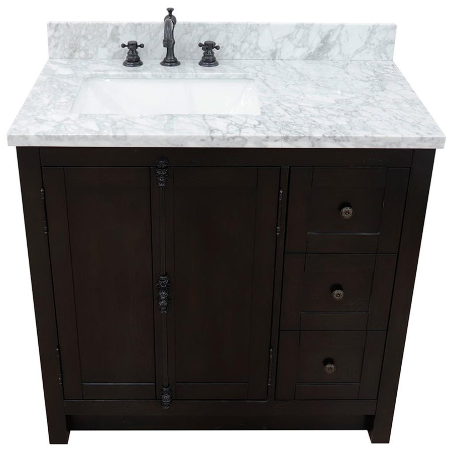 Bellaterra Plantation 37" Single Vanity, Brown Ash, White Carrara Top/Rectangle Sink, Left Doors/Left Sink