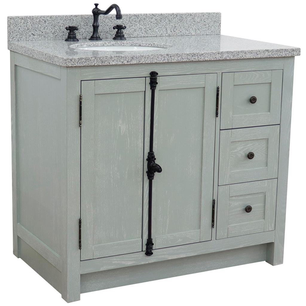 Bellaterra Plantation 37" Single Vanity, Gray Ash, Gray Granite Top/Oval Sink, Left Doors/Left Sink