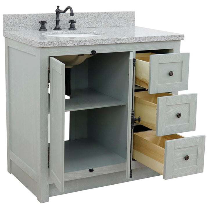 Bellaterra Plantation 37" Single Vanity, Gray Ash, Gray Granite Top/Oval Sink, Left Doors/Left Sink