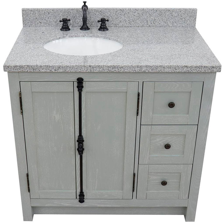 Bellaterra Plantation 37" Single Vanity, Gray Ash, Gray Granite Top/Oval Sink, Left Doors/Left Sink