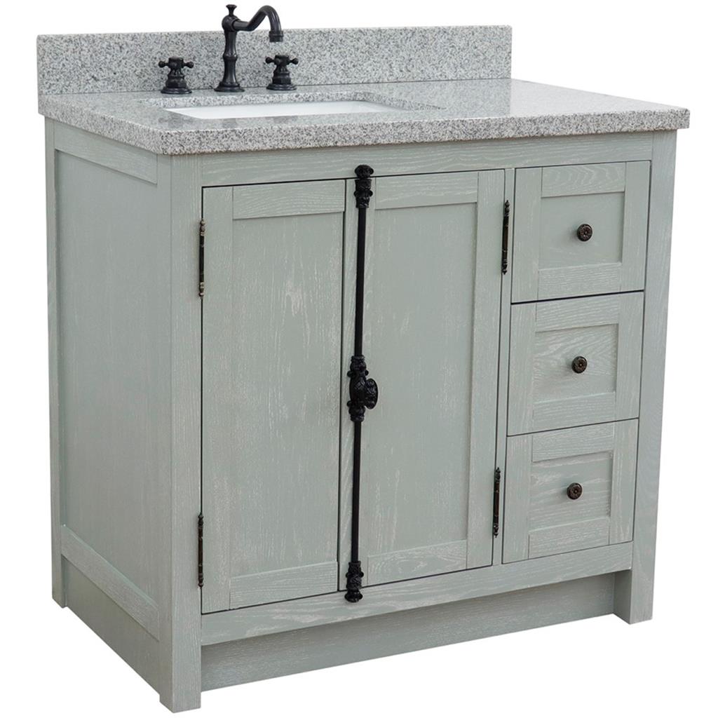 Bellaterra Plantation 37" Single Vanity, Gray Ash, Gray Granite Top/Rectangle Sink, Left Doors/Left Sink