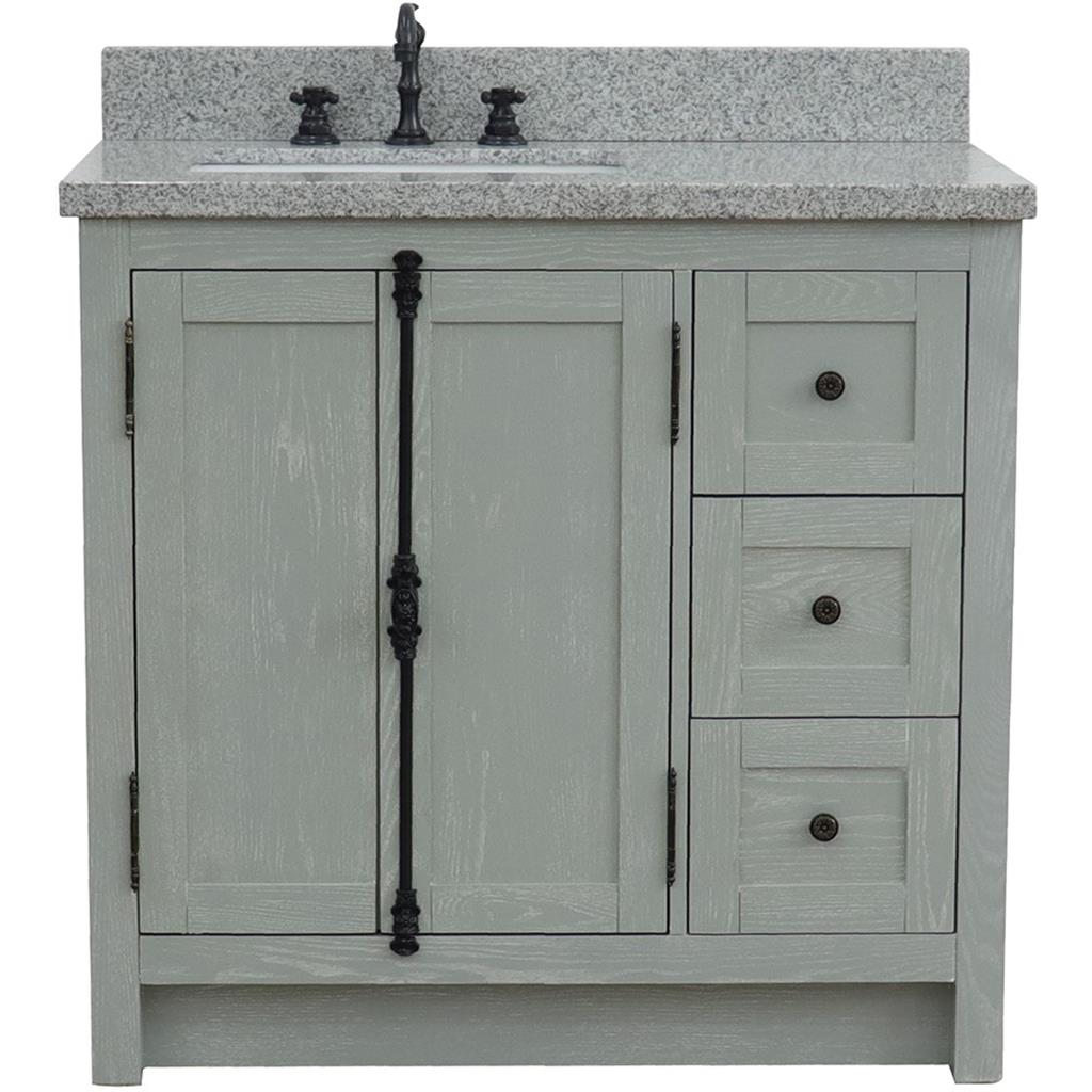 Bellaterra Plantation 37" Single Vanity, Gray Ash, Gray Granite Top/Rectangle Sink, Left Doors/Left Sink