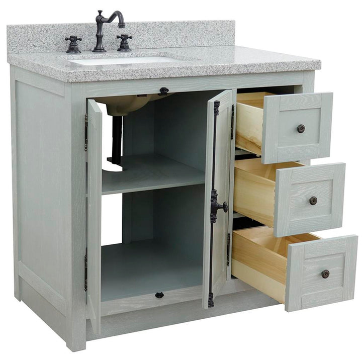 Bellaterra Plantation 37" Single Vanity, Gray Ash, Gray Granite Top/Rectangle Sink, Left Doors/Left Sink