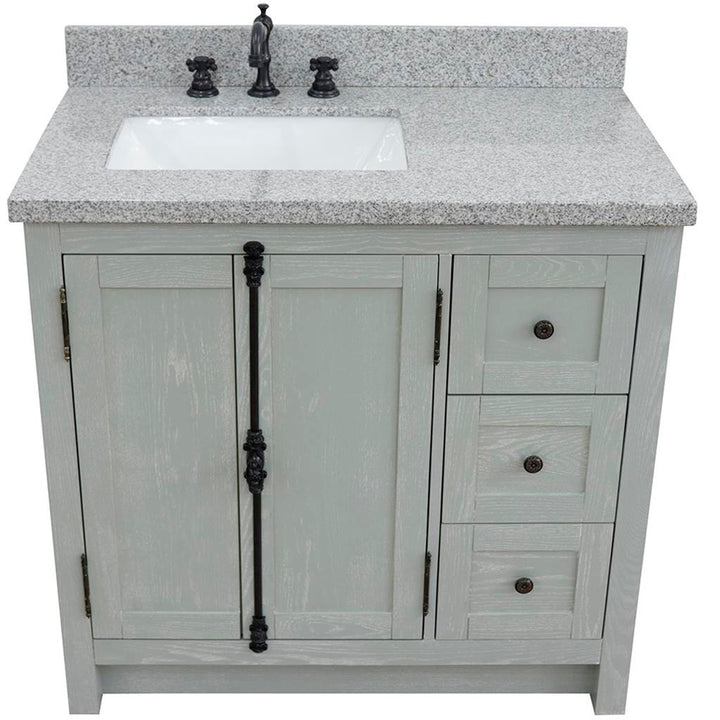 Bellaterra Plantation 37" Single Vanity, Gray Ash, Gray Granite Top/Rectangle Sink, Left Doors/Left Sink