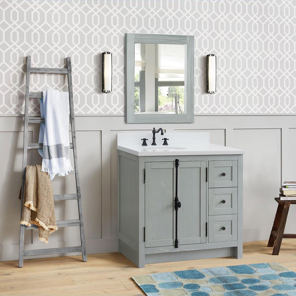 Bellaterra Plantation 37" Single Vanity, Gray Ash, White Quartz Top/Oval Sink, Left Doors/Left Sink