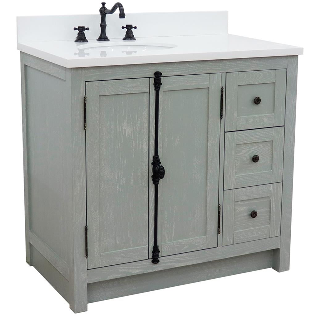 Bellaterra Plantation 37" Single Vanity, Gray Ash, White Quartz Top/Oval Sink, Left Doors/Left Sink