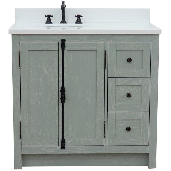 Bellaterra Plantation 37" Single Vanity, Gray Ash, White Quartz Top/Oval Sink, Left Doors/Left Sink