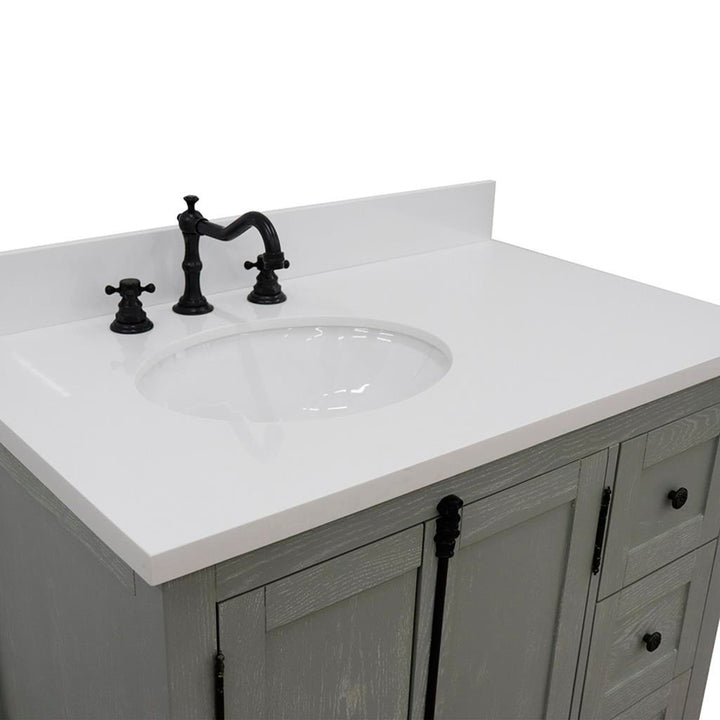 Bellaterra Plantation 37" Single Vanity, Gray Ash, White Quartz Top/Oval Sink, Left Doors/Left Sink