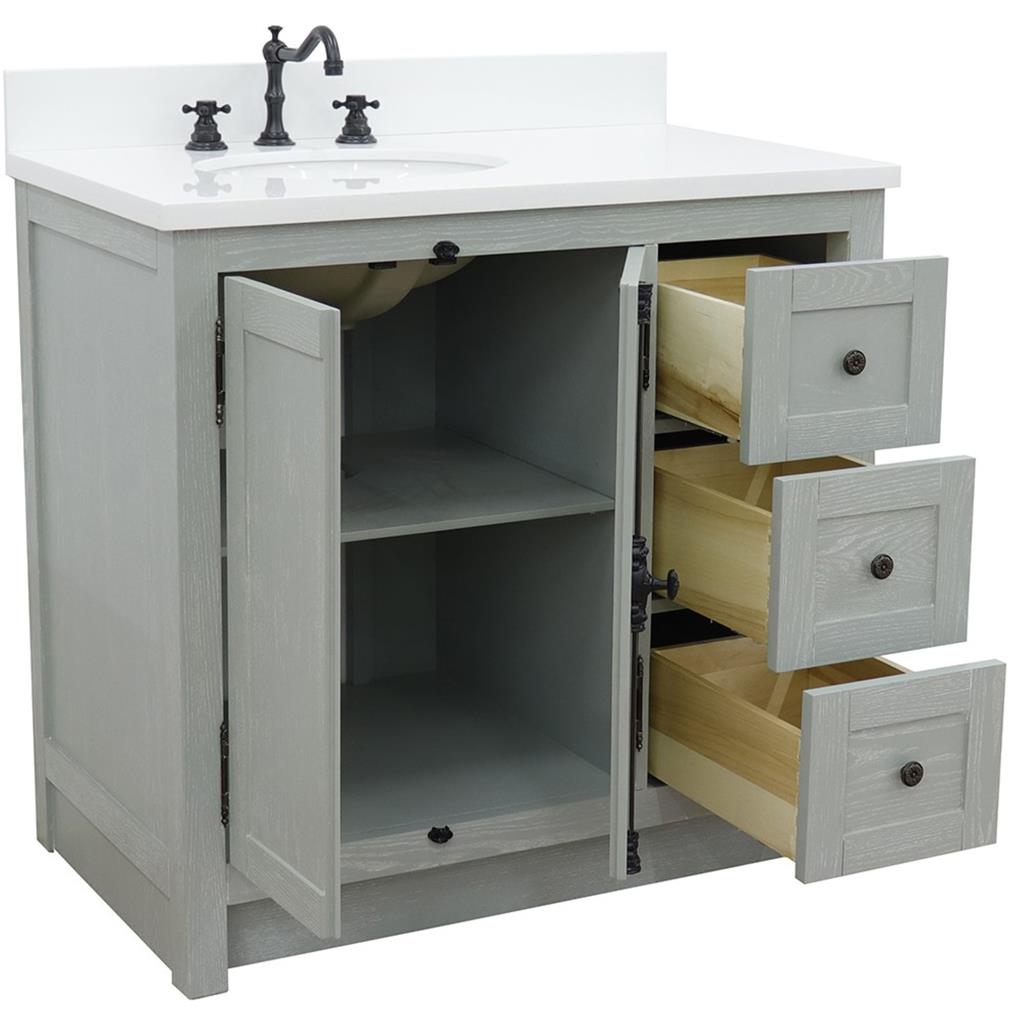 Bellaterra Plantation 37" Single Vanity, Gray Ash, White Quartz Top/Oval Sink, Left Doors/Left Sink