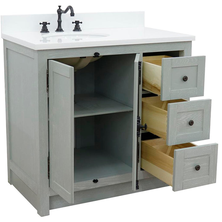 Bellaterra Plantation 37" Single Vanity, Gray Ash, White Quartz Top/Oval Sink, Left Doors/Left Sink