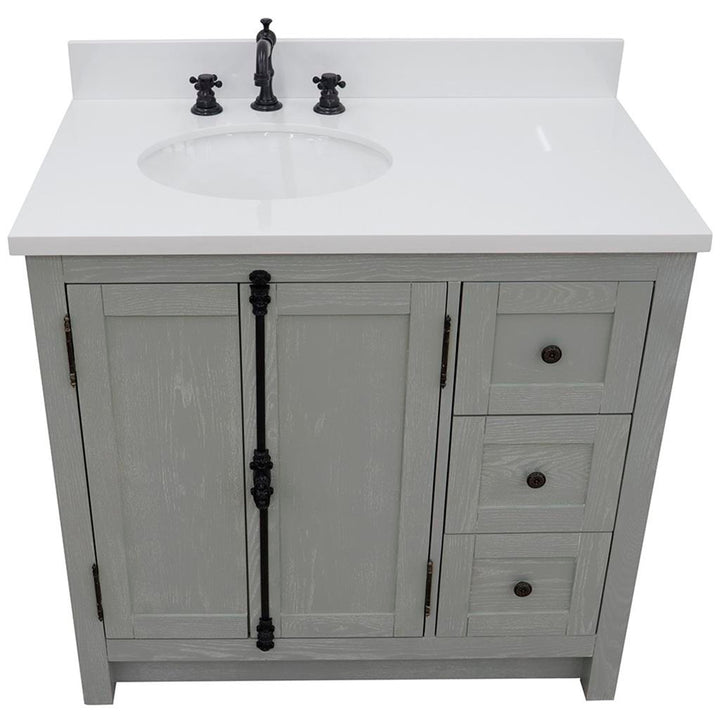 Bellaterra Plantation 37" Single Vanity, Gray Ash, White Quartz Top/Oval Sink, Left Doors/Left Sink