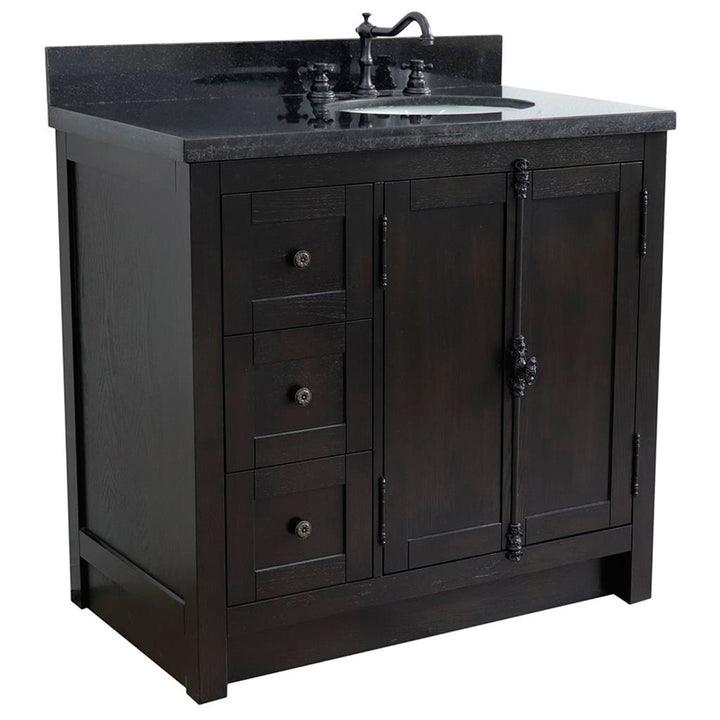 Bellaterra Plantation 37" Single Vanity, Brown Ash, Black Galaxy Granite Top/Oval Sink, Right Doors/Right Sink