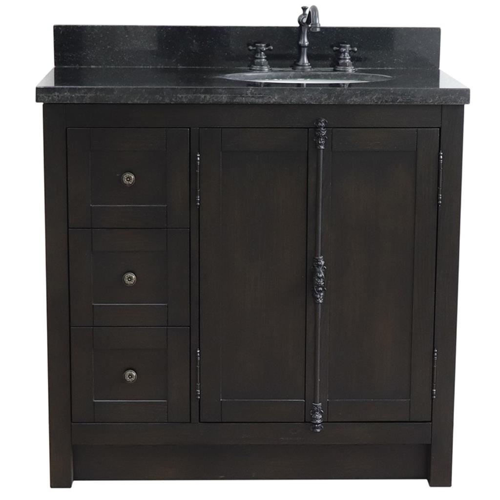 Bellaterra Plantation 37" Single Vanity, Brown Ash, Black Galaxy Granite Top/Oval Sink, Right Doors/Right Sink