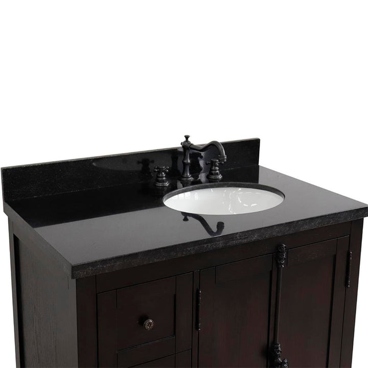 Bellaterra Plantation 37" Single Vanity, Brown Ash, Black Galaxy Granite Top/Oval Sink, Right Doors/Right Sink