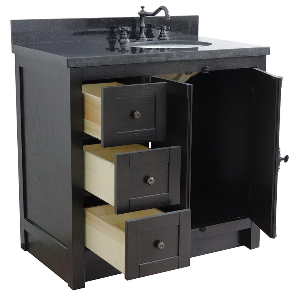 Bellaterra Plantation 37" Single Vanity, Brown Ash, Black Galaxy Granite Top/Oval Sink, Right Doors/Right Sink