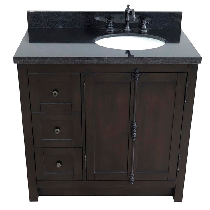 Bellaterra Plantation 37" Single Vanity, Brown Ash, Black Galaxy Granite Top/Oval Sink, Right Doors/Right Sink