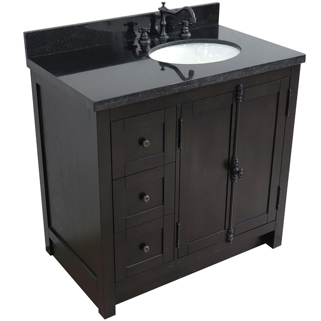 Bellaterra Plantation 37" Single Vanity, Brown Ash, Black Galaxy Granite Top/Oval Sink, Right Doors/Right Sink