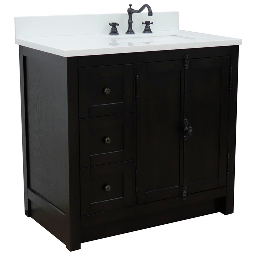 Bellaterra Plantation 37" Single Vanity, Brown Ash, White Quartz Top/Rectangle Sink, Right Doors/Right Sink