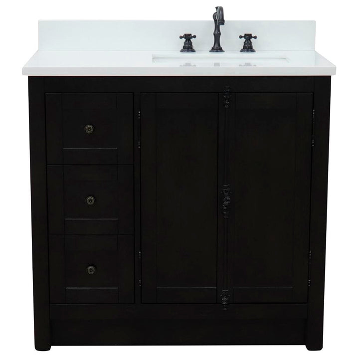 Bellaterra Plantation 37" Single Vanity, Brown Ash, White Quartz Top/Rectangle Sink, Right Doors/Right Sink