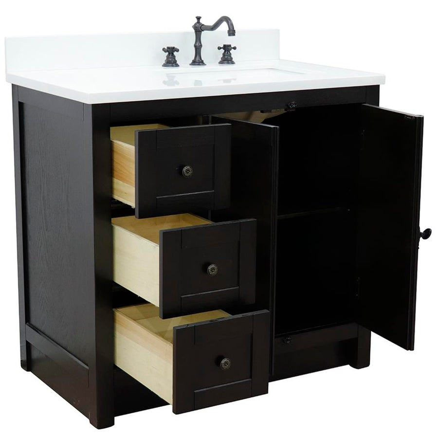 Bellaterra Plantation 37" Single Vanity, Brown Ash, White Quartz Top/Rectangle Sink, Right Doors/Right Sink