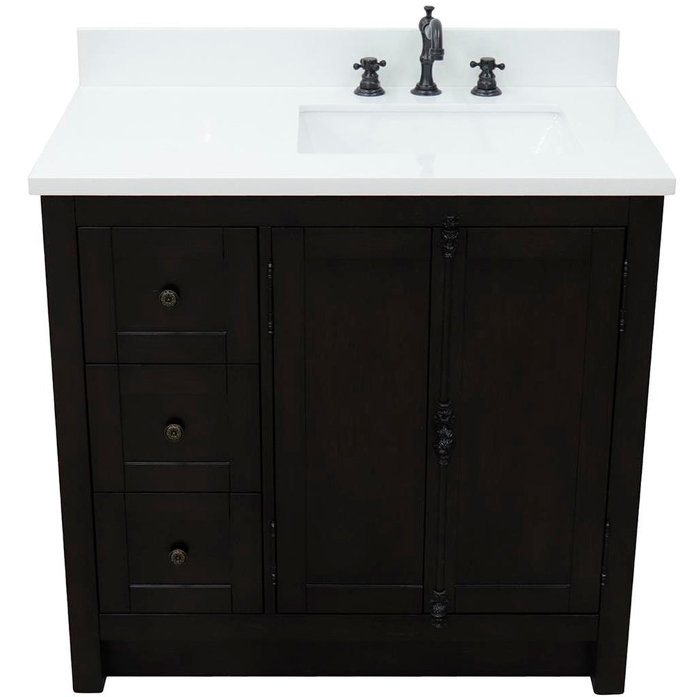 Bellaterra Plantation 37" Single Vanity, Brown Ash, White Quartz Top/Rectangle Sink, Right Doors/Right Sink