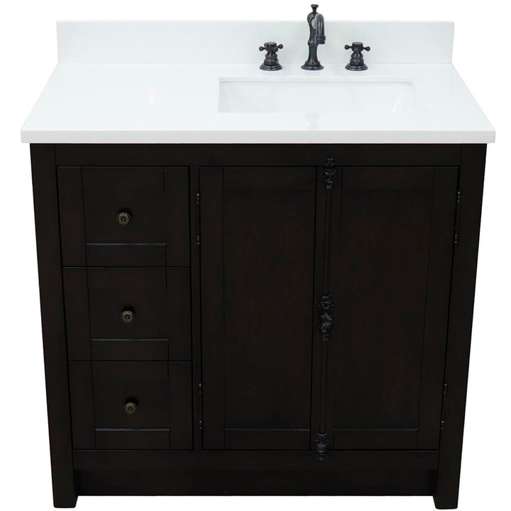 Bellaterra Plantation 37" Single Vanity, Brown Ash, White Quartz Top/Rectangle Sink, Right Doors/Right Sink