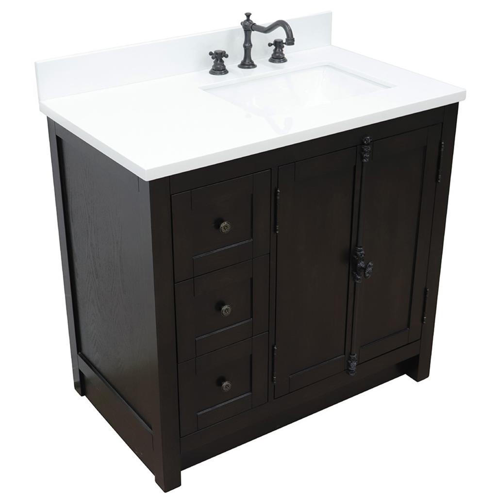 Bellaterra Plantation 37" Single Vanity, Brown Ash, White Quartz Top/Rectangle Sink, Right Doors/Right Sink