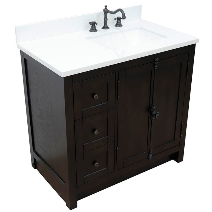 Bellaterra Plantation 37" Single Vanity, Brown Ash, White Quartz Top/Rectangle Sink, Right Doors/Right Sink