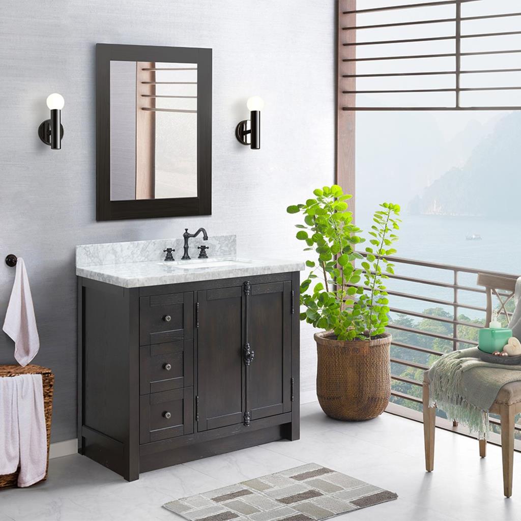 Bellaterra Plantation 37" Single Vanity, Brown Ash, White Carrara Top/Rectangle Sink, Right Doors/Right Sink