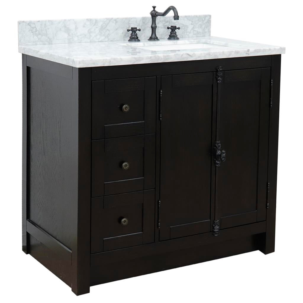 Bellaterra Plantation 37" Single Vanity, Brown Ash, White Carrara Top/Rectangle Sink, Right Doors/Right Sink