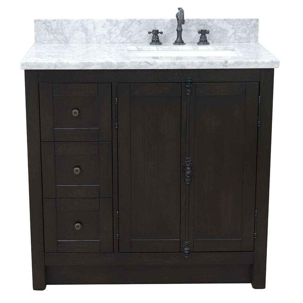 Bellaterra Plantation 37" Single Vanity, Brown Ash, White Carrara Top/Rectangle Sink, Right Doors/Right Sink