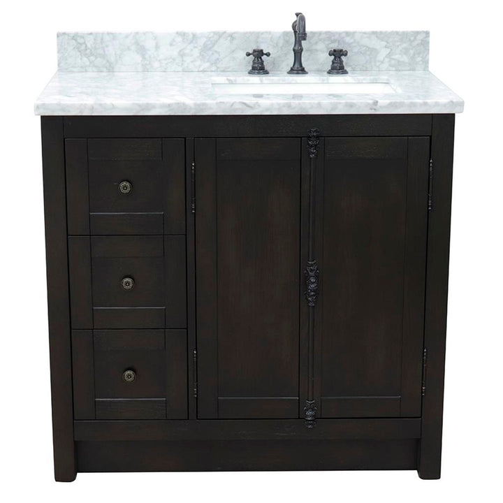 Bellaterra Plantation 37" Single Vanity, Brown Ash, White Carrara Top/Rectangle Sink, Right Doors/Right Sink