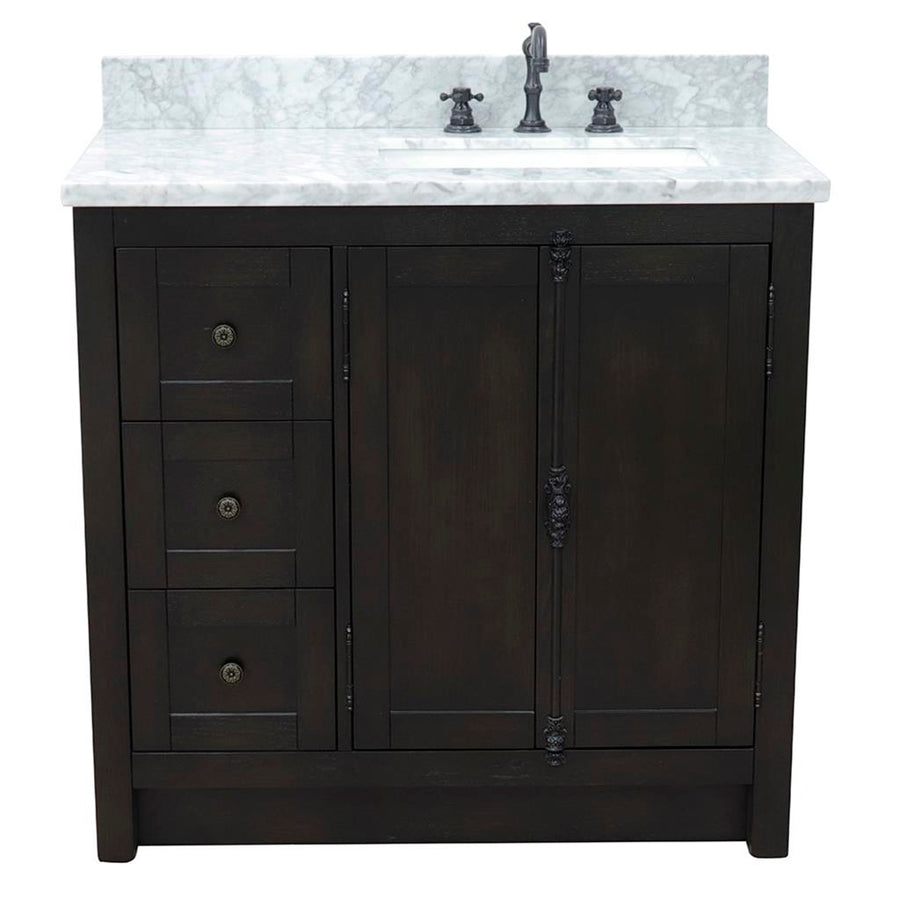 Bellaterra Plantation 37" Single Vanity, Brown Ash, White Carrara Top/Rectangle Sink, Right Doors/Right Sink