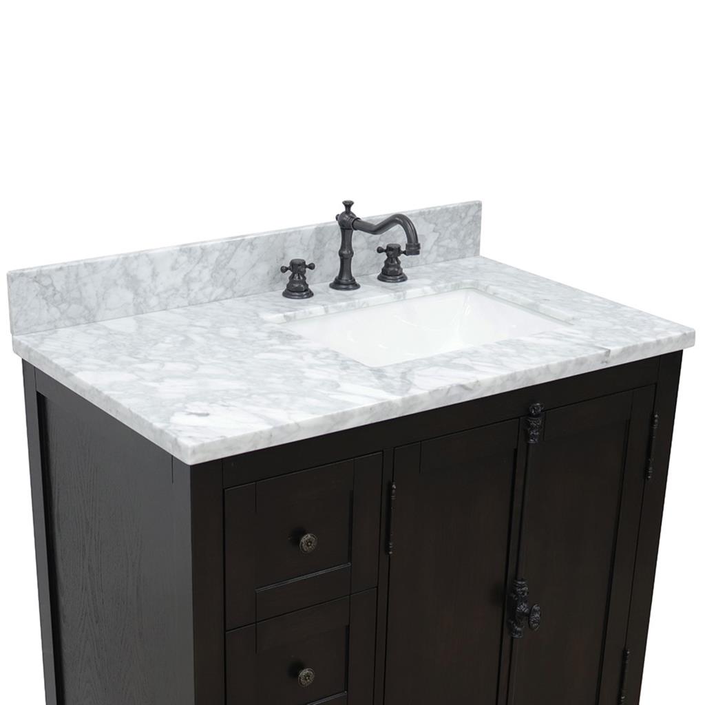 Bellaterra Plantation 37" Single Vanity, Brown Ash, White Carrara Top/Rectangle Sink, Right Doors/Right Sink